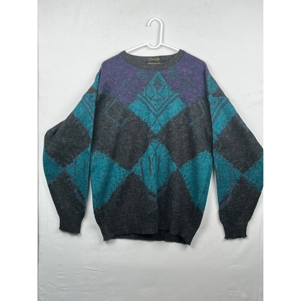 Uniform Code Sweater Mens XL Geometric Diamond Knit Wool Blend Grey Teal Purple